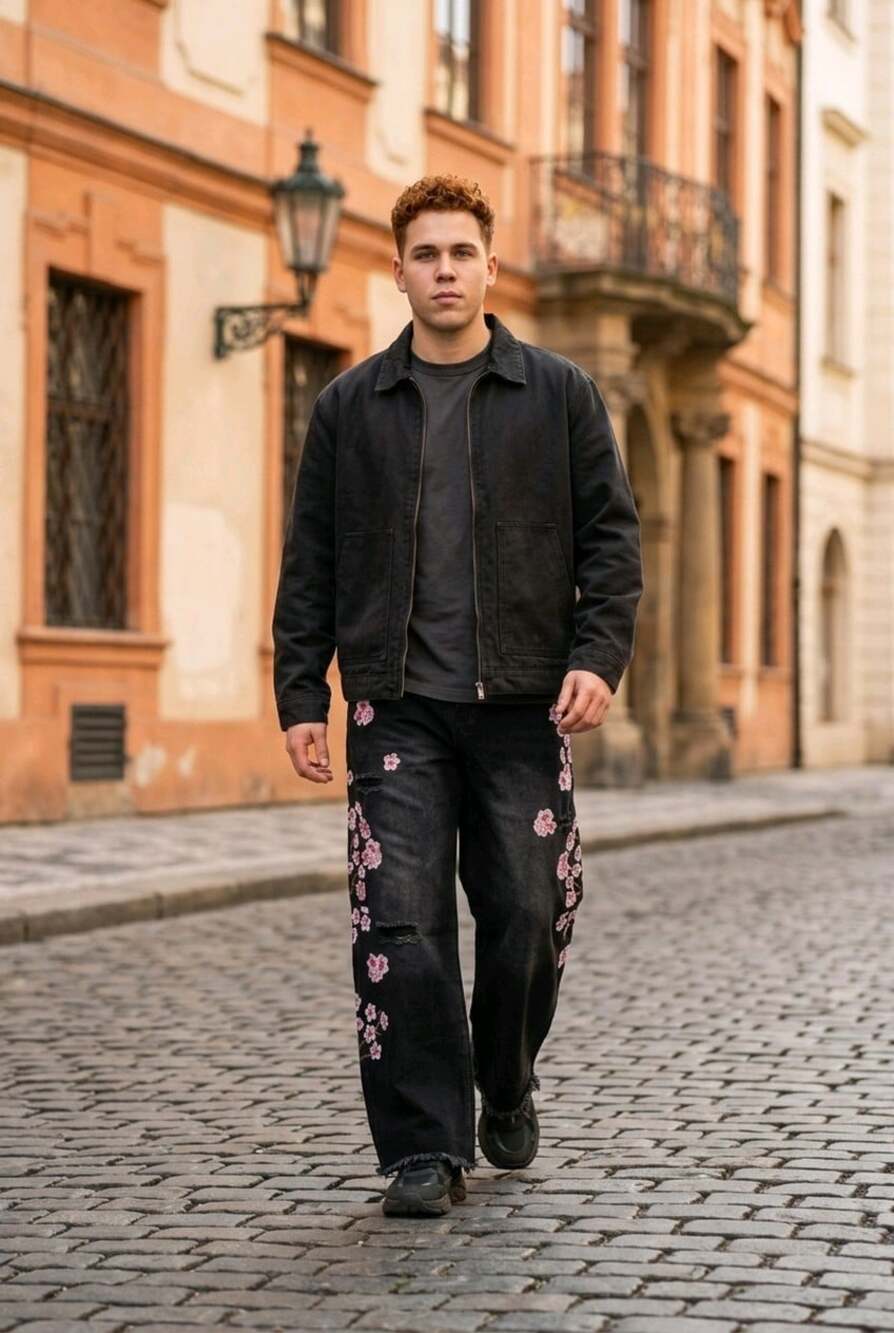 Cherry Blossom Embroidered Jeans XXL Black Wide Leg Distressed Y2K Baggy Punk